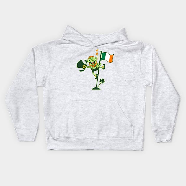 Saint Patrick's Day Leprechaun climbing an Irish flag pole and singing Kids Hoodie by zooco